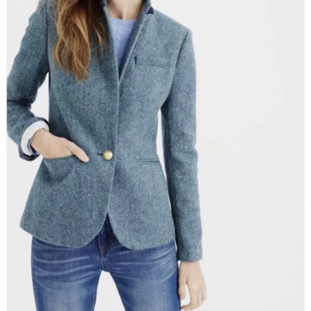J Crew Blue Tweed Blazer Wool Blend Womens 1 Button MOON England Size 8 Tall